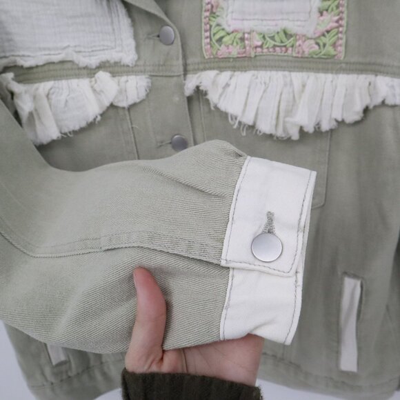 POL Jean Jacket Womens S Sage Green NWOT Cottagecore Boho Hippie Granny Eclectic - Picture 4 of 16